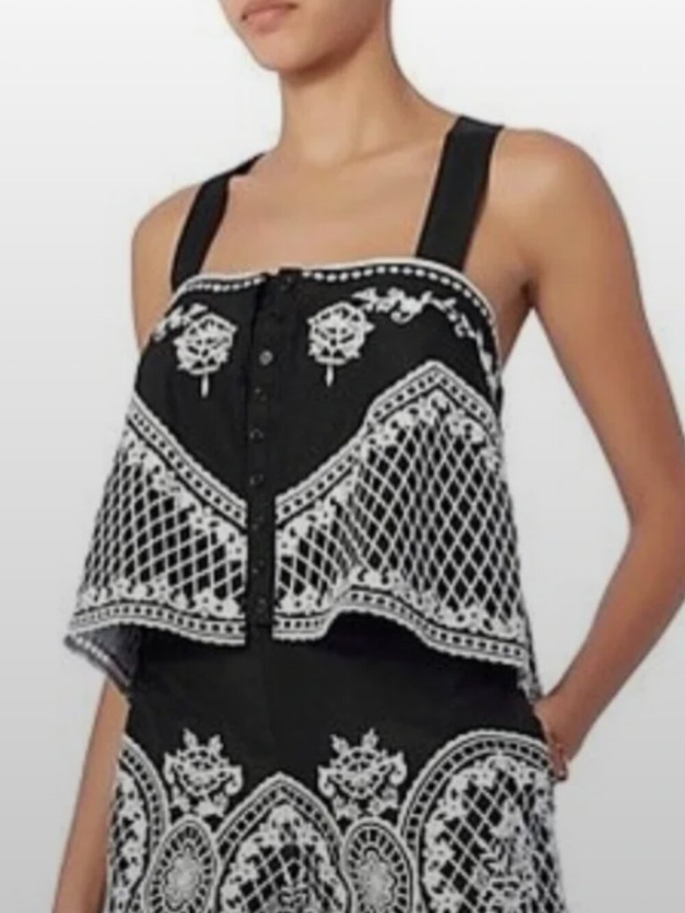 INTERMIX Eliana Embroidered Black White Swing Crop Top XS/S P